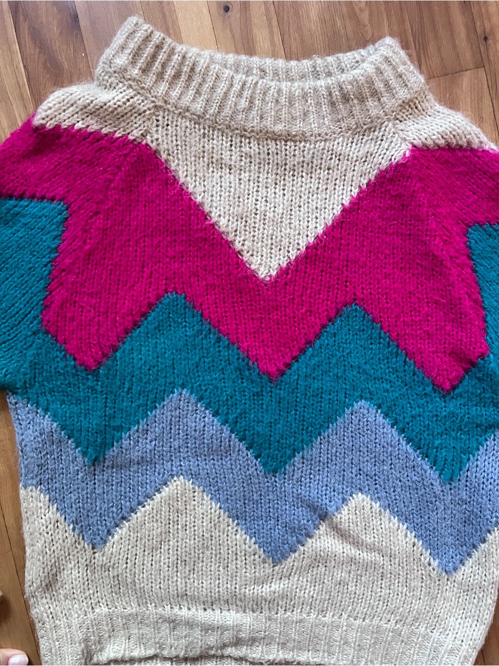 Vintage Italian Cream Chevron Knit Sweater with Pink, Teal & Lavender